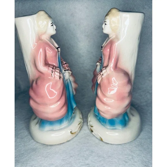 Vintage Lady Figurine‎ Vase Pair Pink Blue Floral Accent Decor lamp bases - Picture 8 of 12